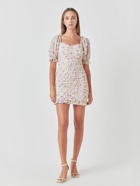 Cream & Purple Floral Puff Sleve dress
